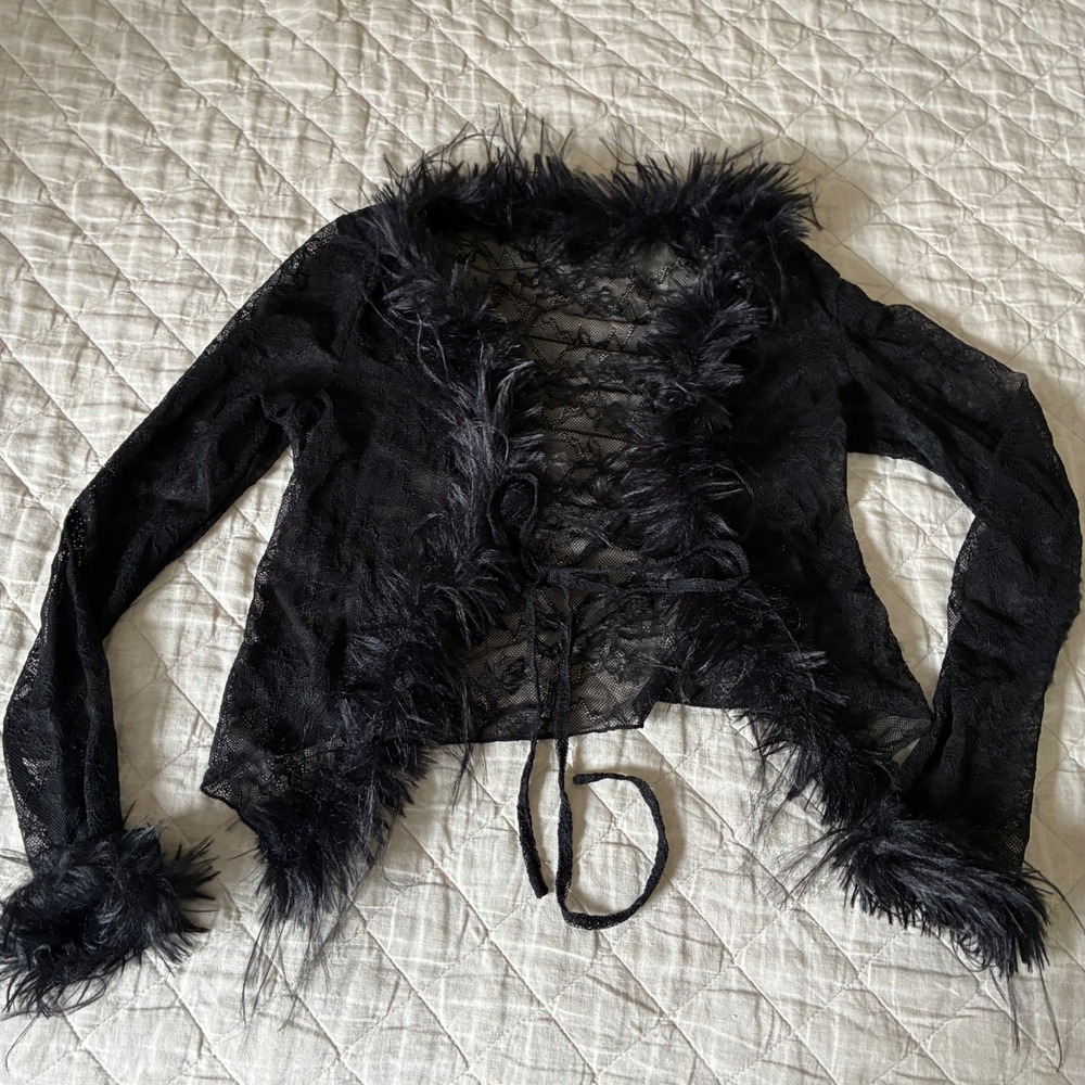 Whimsigoth Sheer Lace Feather Boa Bolero Women Size M Black Witchy Ethereal